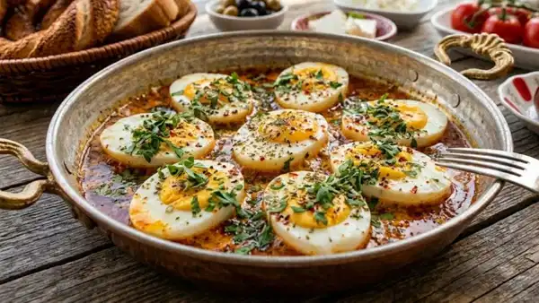 Göz doyuran sunumu ve ekmek banmalık nefis sosuyla tereyağlı yumurta kapama tarifi.